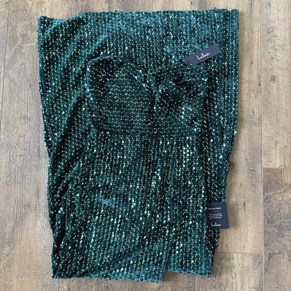 Lulus NWT $79 Sequin Maxi Dress Emerald Green Velvet Strapless Slit Womens XS - Picture 4 of 6